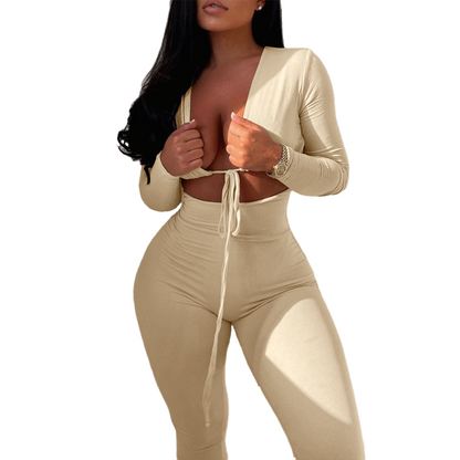 Solid Sexy Lace-up Hollow Long-sleeved Bodycon Jumpsuit