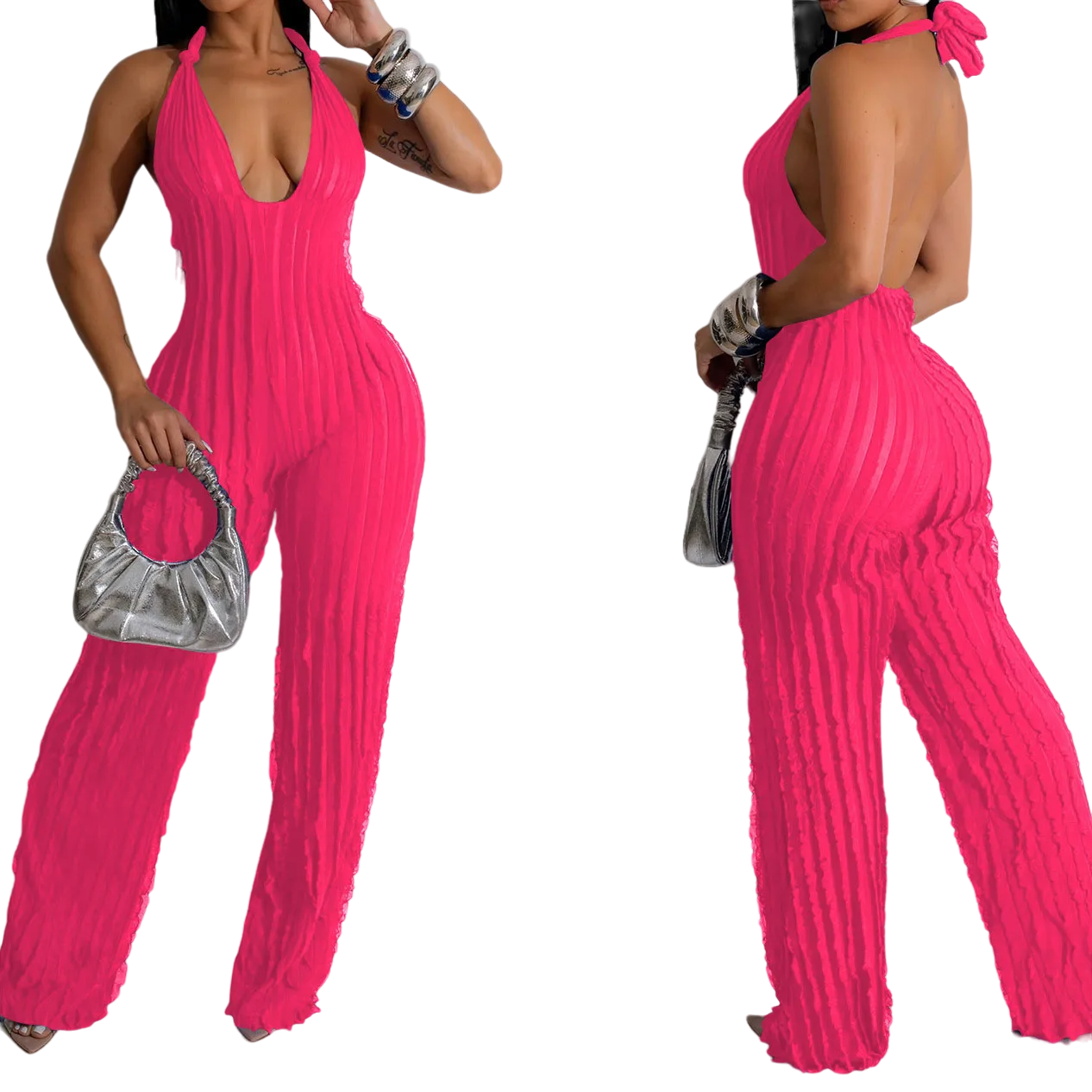 Women Sexy Backless Wave Ruffle Deep V Neck  Jumpsuits