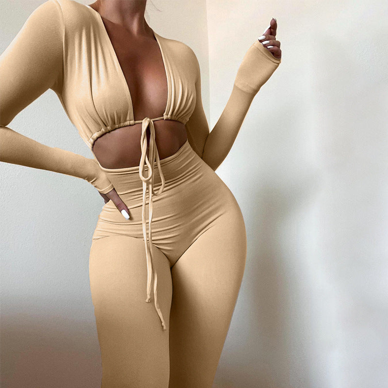 Solid Sexy Lace-up Hollow Long-sleeved Bodycon Jumpsuit